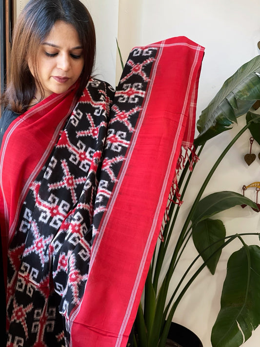 Black, Red Double Ikat Telia Rumal Dupatta in Cotton - Masakalee