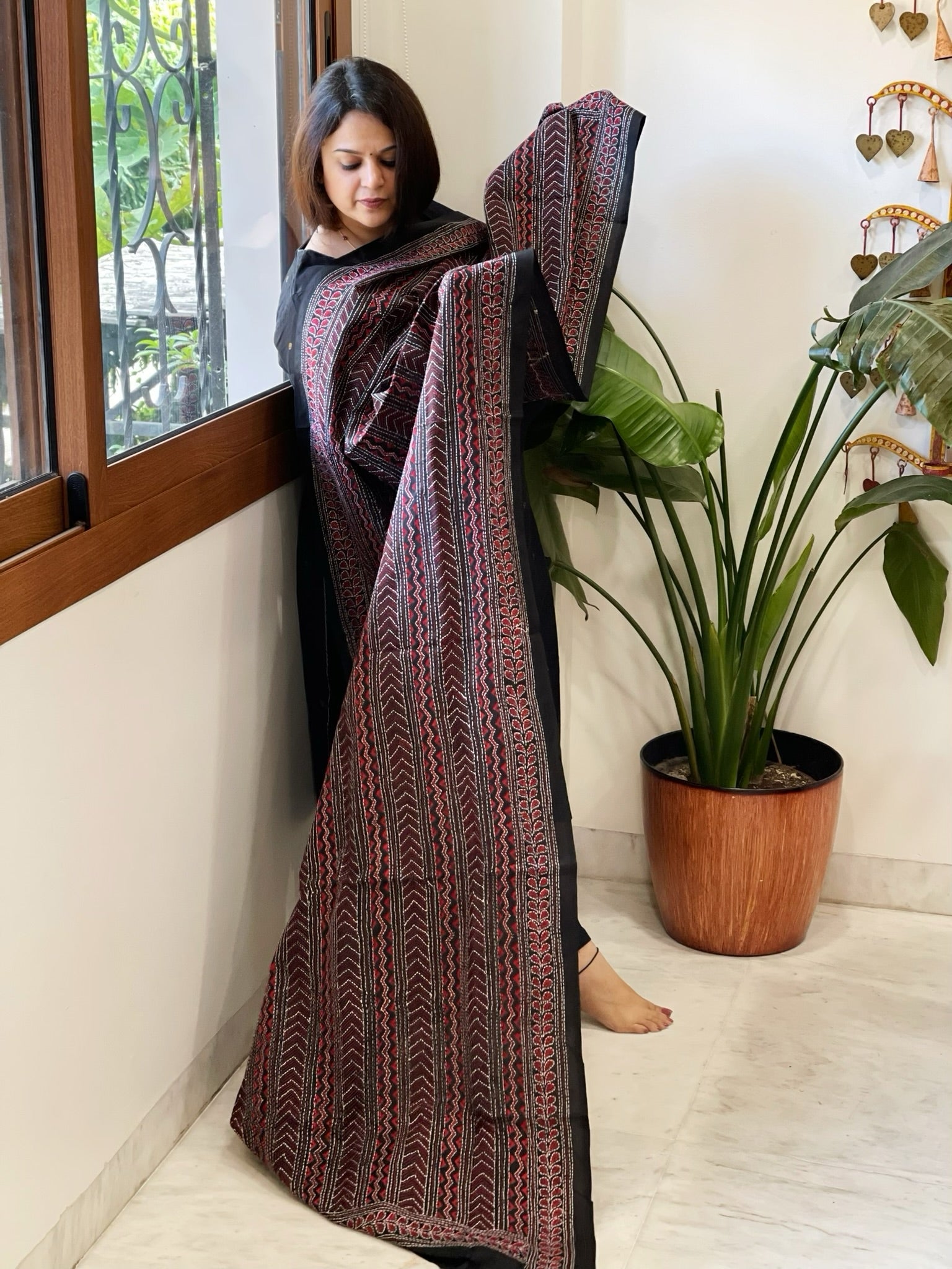 Black, Red Handmade Kantha Dupatta in Silk - Masakalee