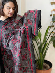 Black, Red Handmade Kantha Dupatta in Silk - Masakalee