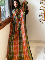 Black, Red Handmade Kantha Dupatta in Silk - Masakalee