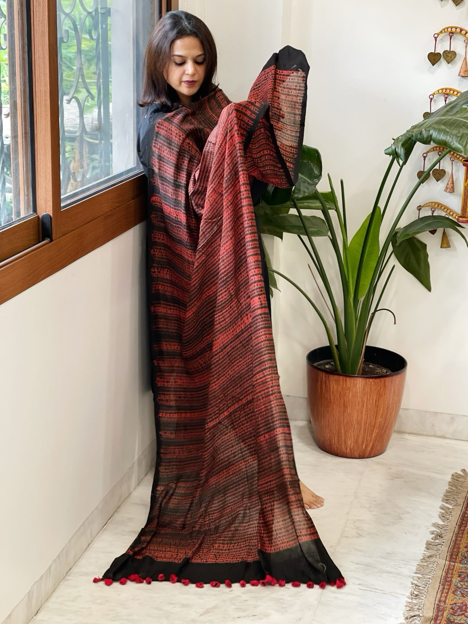 Black, Red Handmade Shibori Dupatta in Eri (Ahimsa) Silk - Masakalee