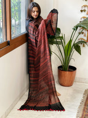 Black, Red Handmade Shibori Dupatta in Eri (Ahimsa) Silk - Masakalee