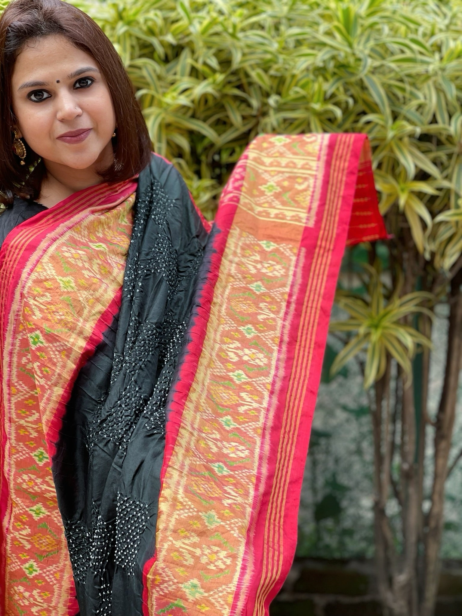Black, Red Handwoven Patola with Rai Bandhej Dupatta in Pure Silk - Masakalee