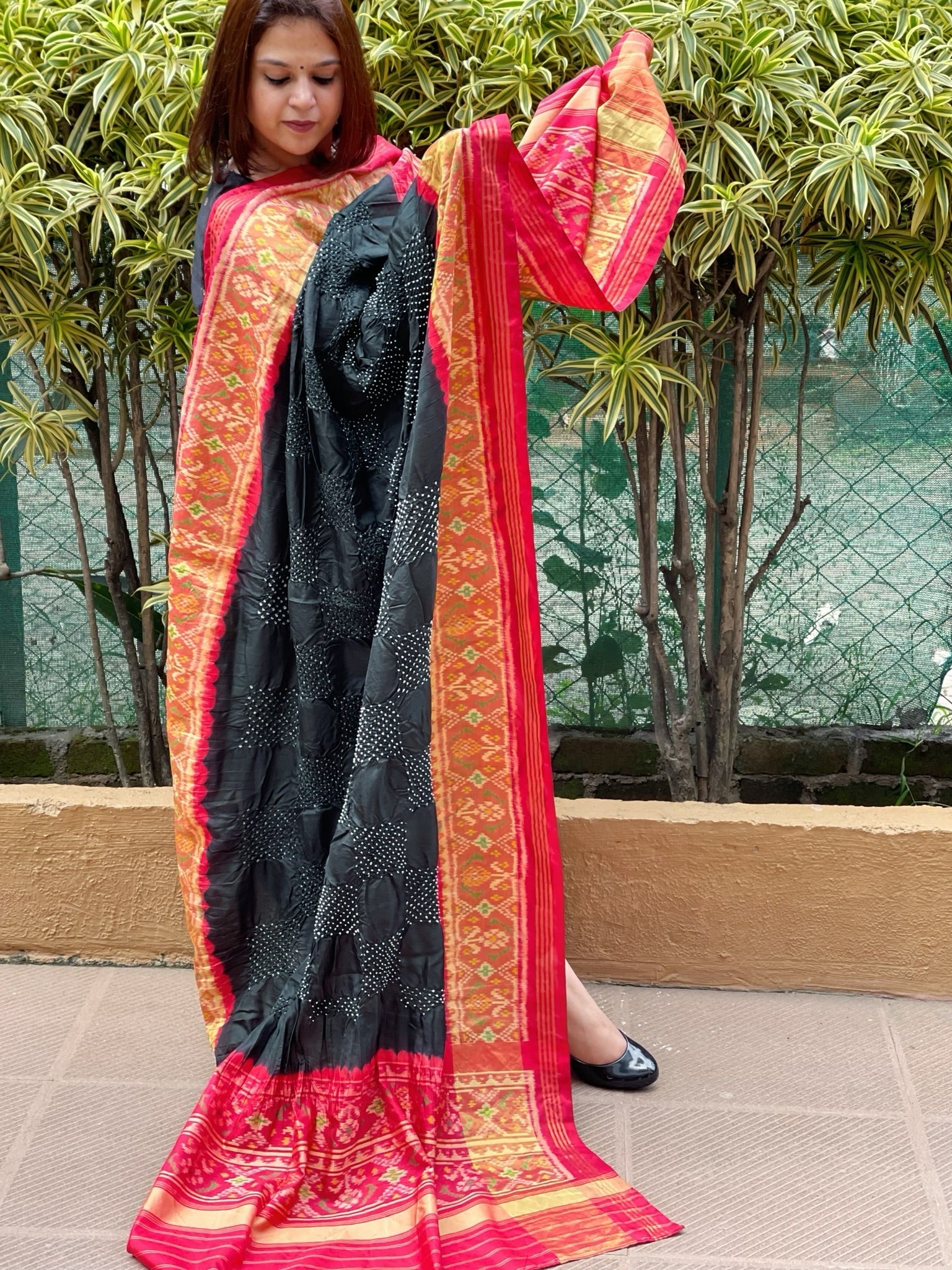 Black, Red Handwoven Patola with Rai Bandhej Dupatta in Pure Silk - Masakalee