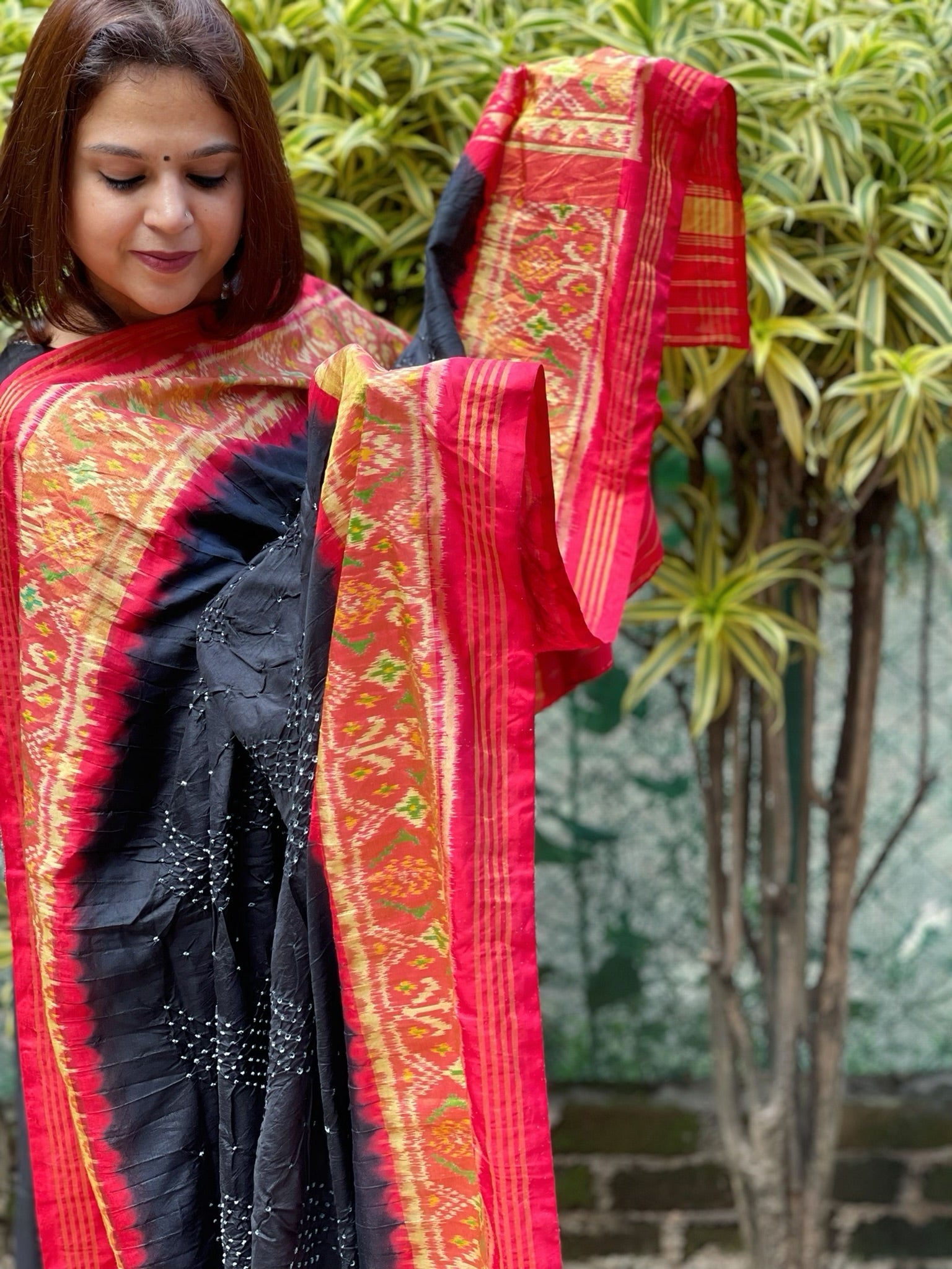 Black, Red Handwoven Patola with Rai Bandhej Dupatta in Pure Silk - Masakalee