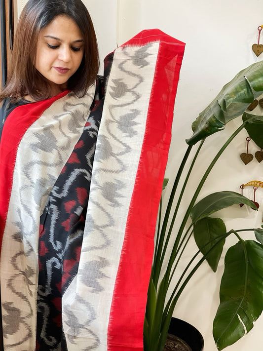 Black, Red, White Handwoven Ikat Dupatta in Cotton - Masakalee