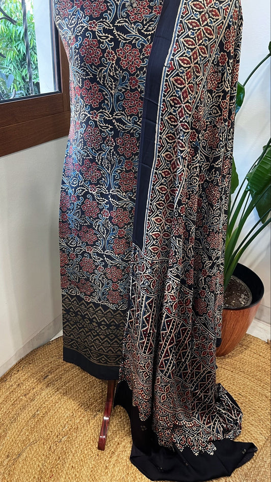 Black Suit Set with Ajrakh Handblock Print and Sequin Embroidery in Modal Silk - Masakalee