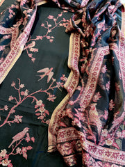 Black Suit Set with Handwoven Kaani and Zari in Pure Silk - Masakalee