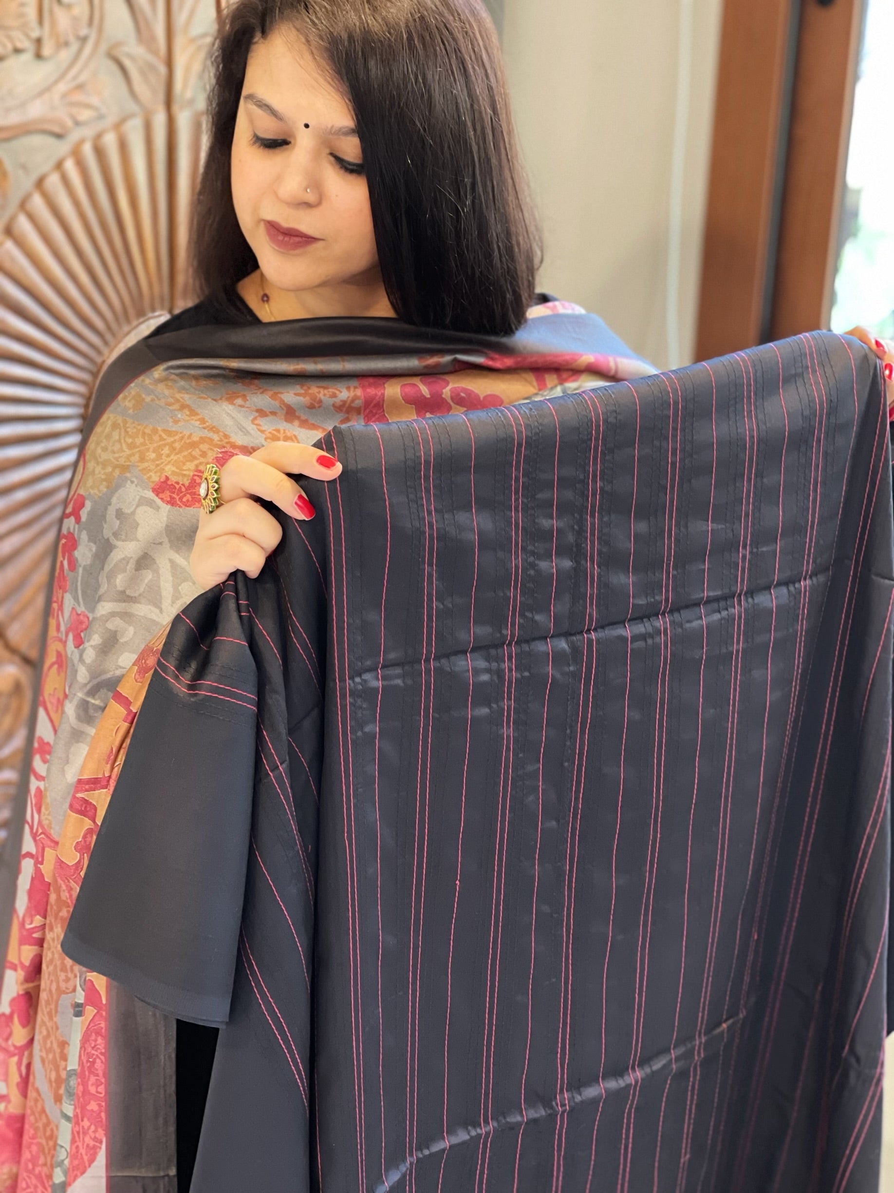 Black Suit Set with Kantha Stitch Work on Glazed Cotton - Masakalee