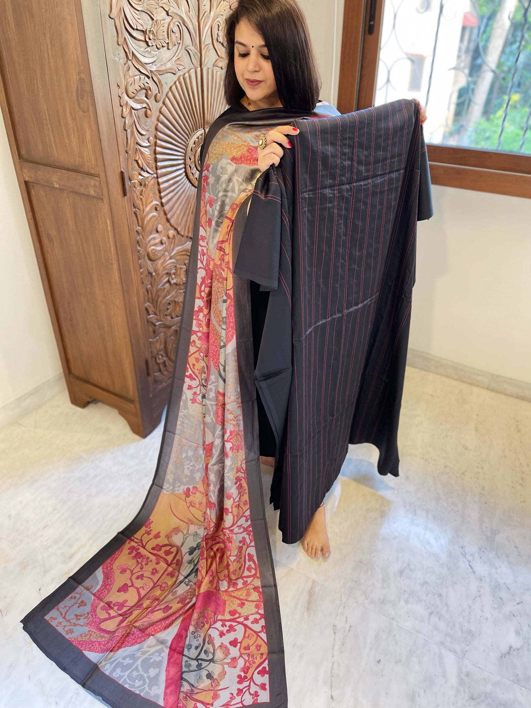Black Suit Set with Kantha Stitch Work on Glazed Cotton - Masakalee