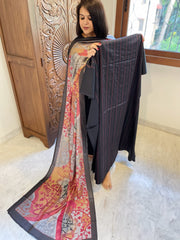 Black Suit Set with Kantha Stitch Work on Glazed Cotton - Masakalee