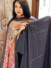 Black Suit Set with Kantha Stitch Work on Glazed Cotton - Masakalee