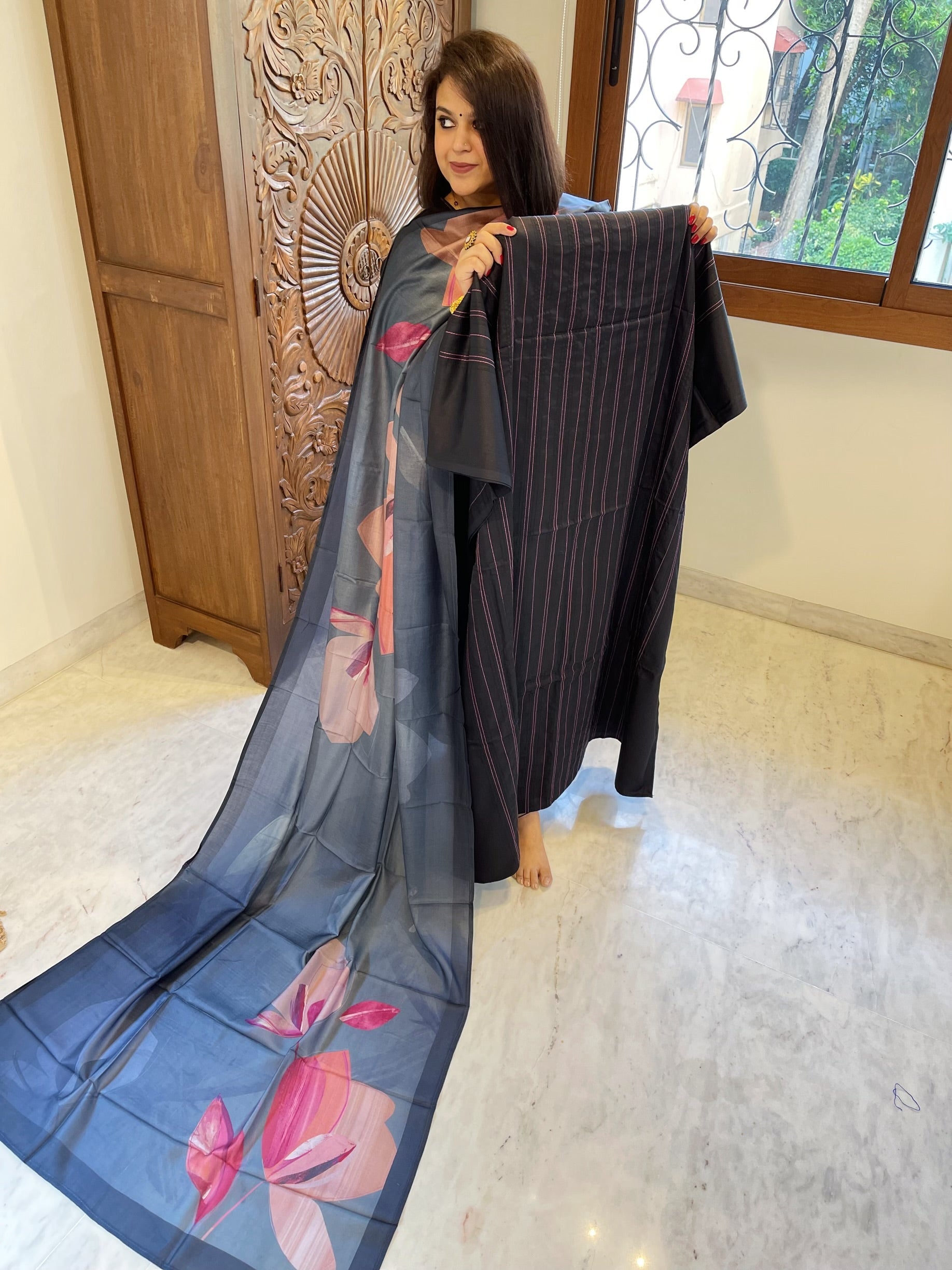 Black Suit Set with Kantha Stitch Work on Glazed Cotton - Masakalee