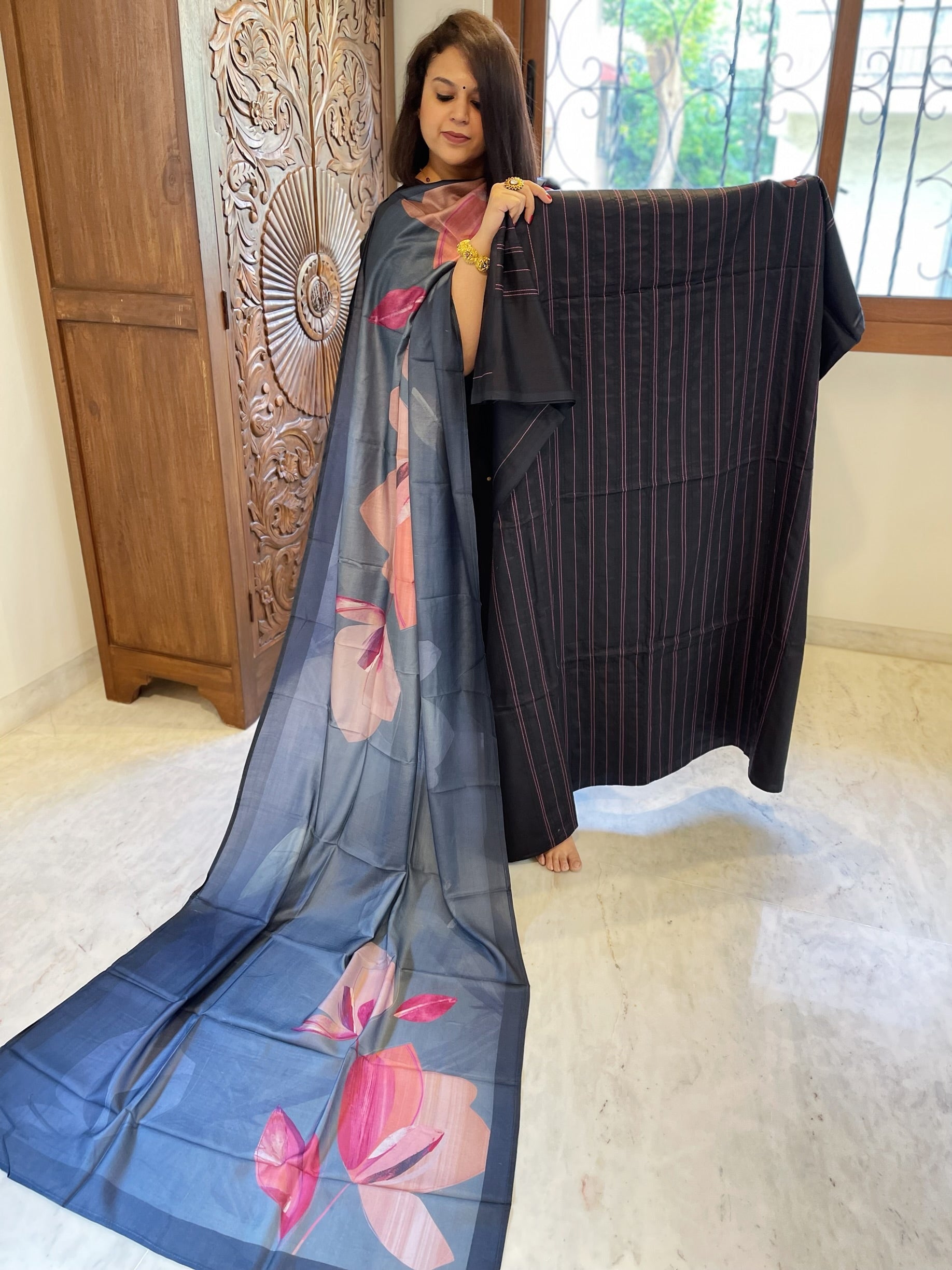 Black Suit Set with Kantha Stitch Work on Glazed Cotton - Masakalee