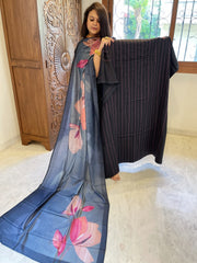 Black Suit Set with Kantha Stitch Work on Glazed Cotton - Masakalee