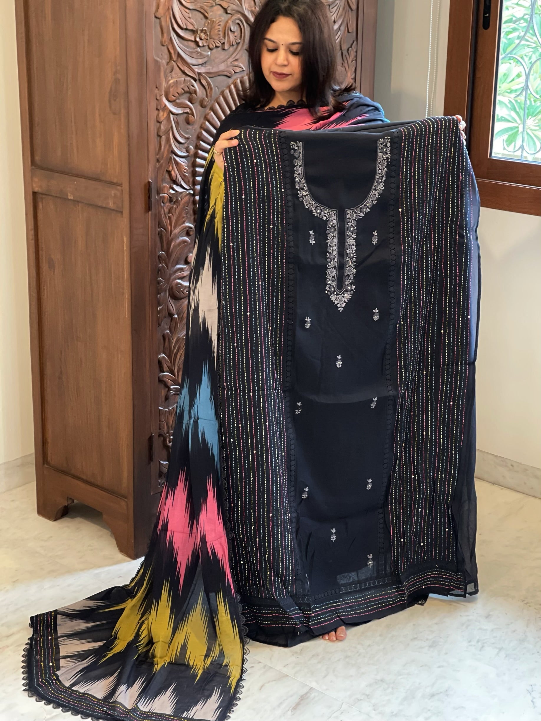 Black Suit Set with Sequin and Knot handwork in Mul Chanderi - Masakalee