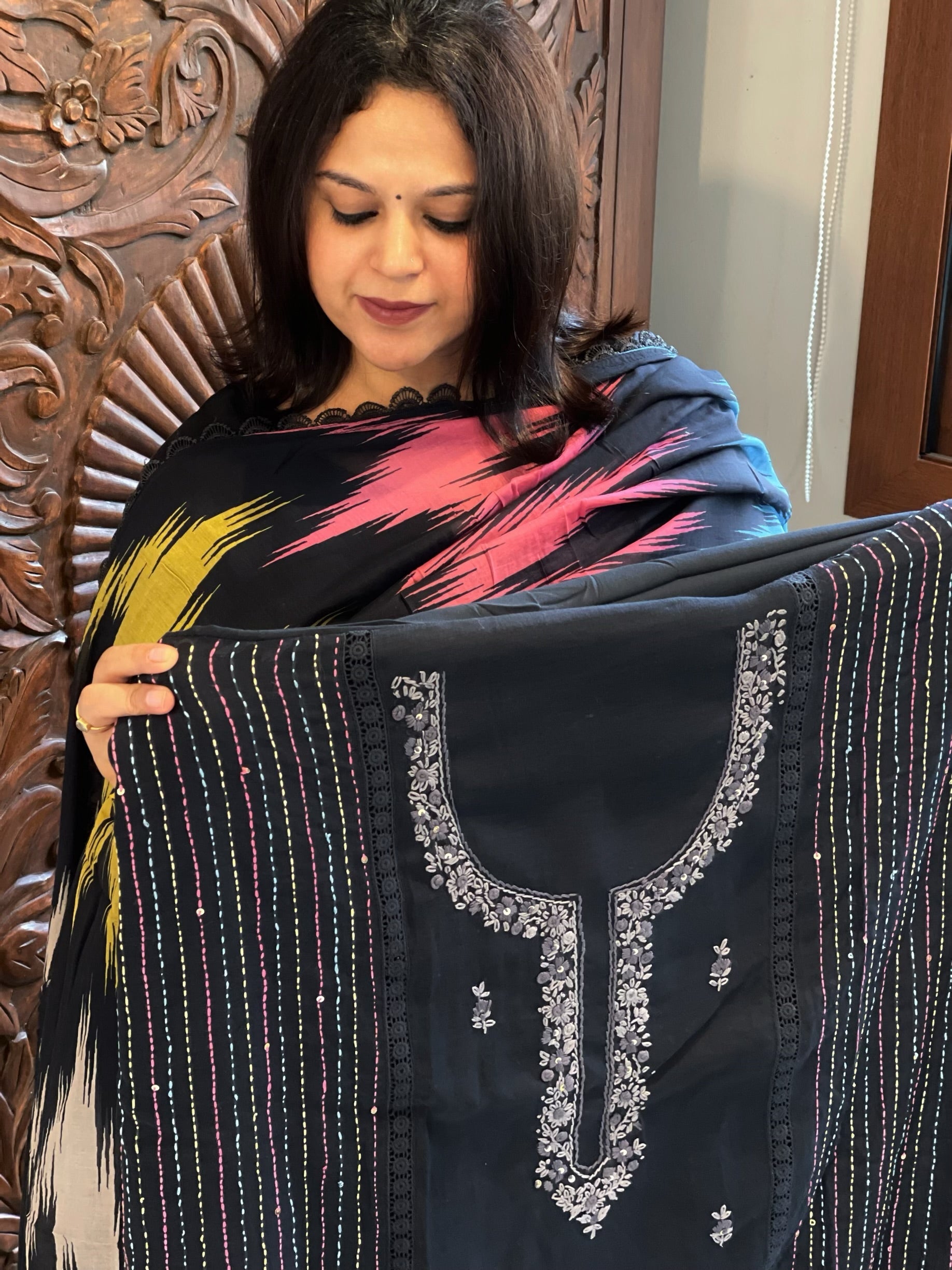 Black Suit Set with Sequin and Knot handwork in Mul Chanderi - Masakalee
