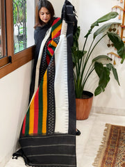 Black, White Handwoven Ikat Dupatta in Cotton - Masakalee
