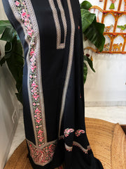 Black Winter Suit Set with Aari Work in Pashmina Wool - Masakalee
