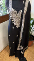 Black Winter Suit Set with Aari Work in Pashmina Wool - Masakalee