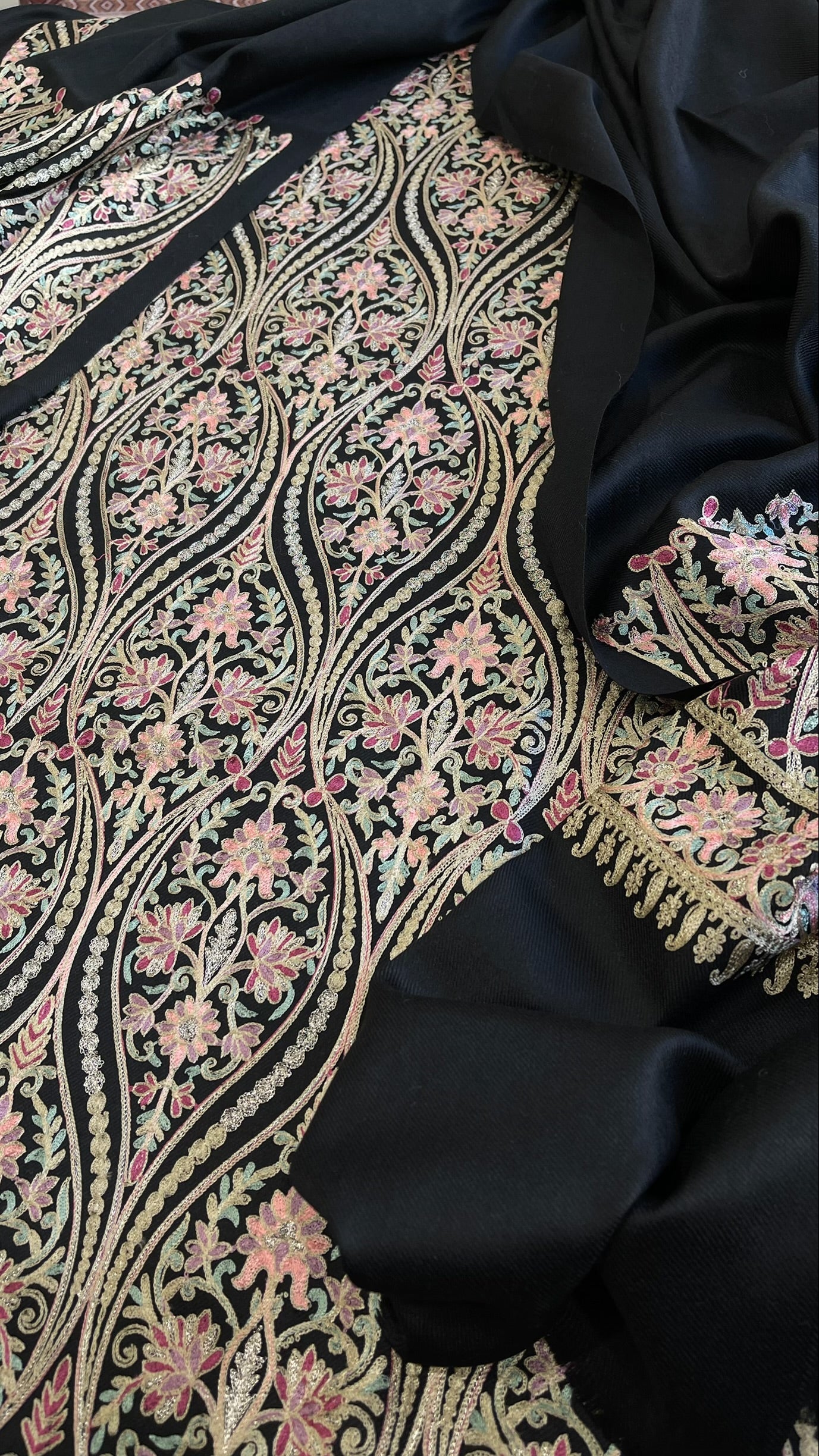 Black Winter Suit Set with Aari Work in Pashmina Wool - Masakalee