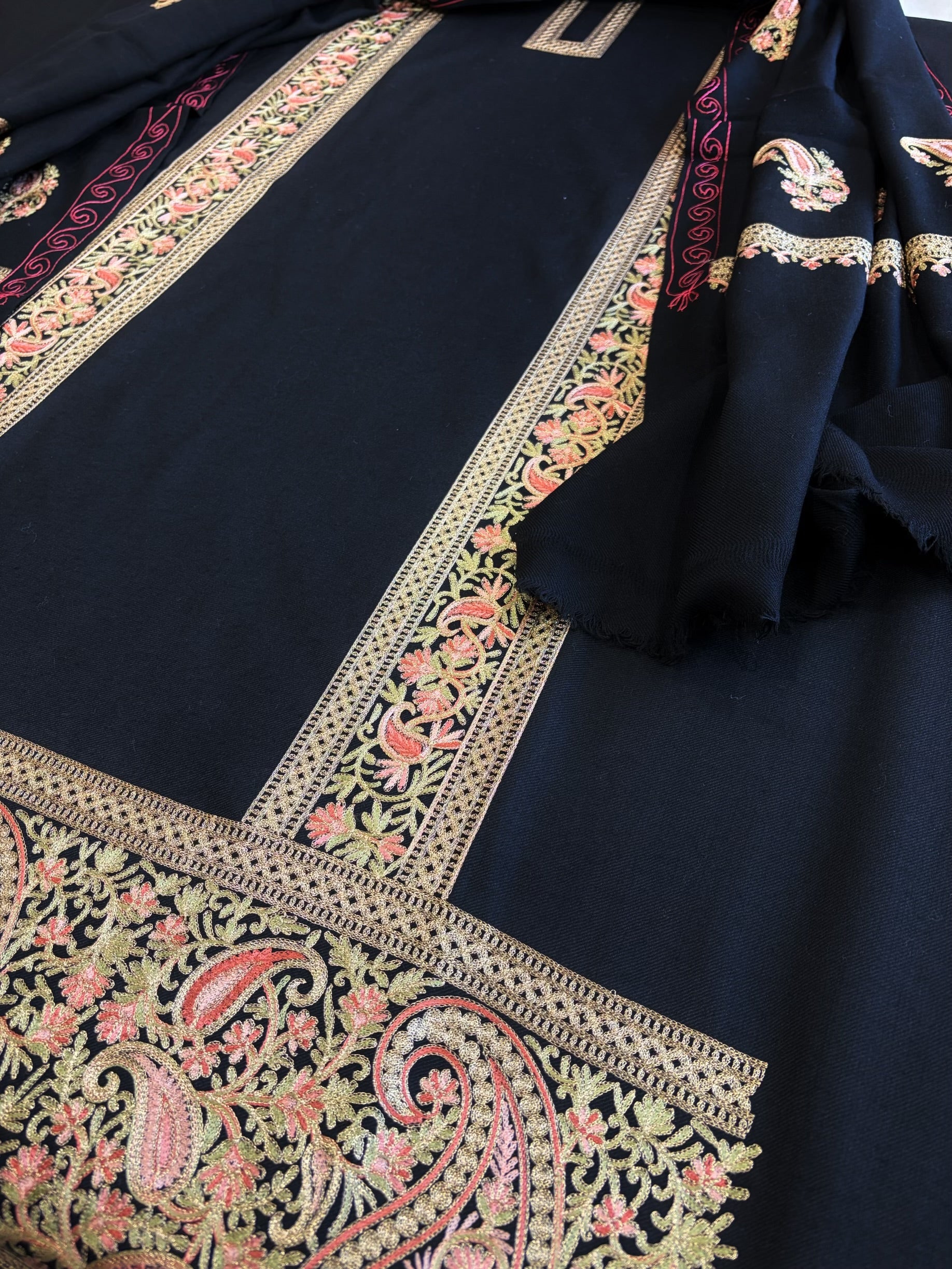 Black Winter Suit Set with Aari Work in Pashmina Wool - Masakalee
