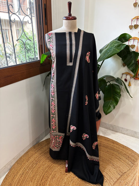 Black Winter Suit Set with Aari Work in Pashmina Wool - Masakalee