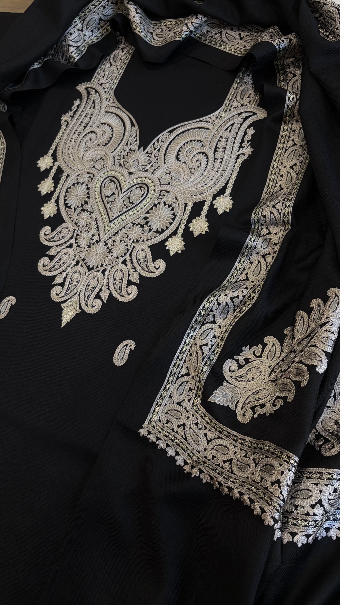 Black Winter Suit Set with Aari Work in Pashmina Wool - Masakalee