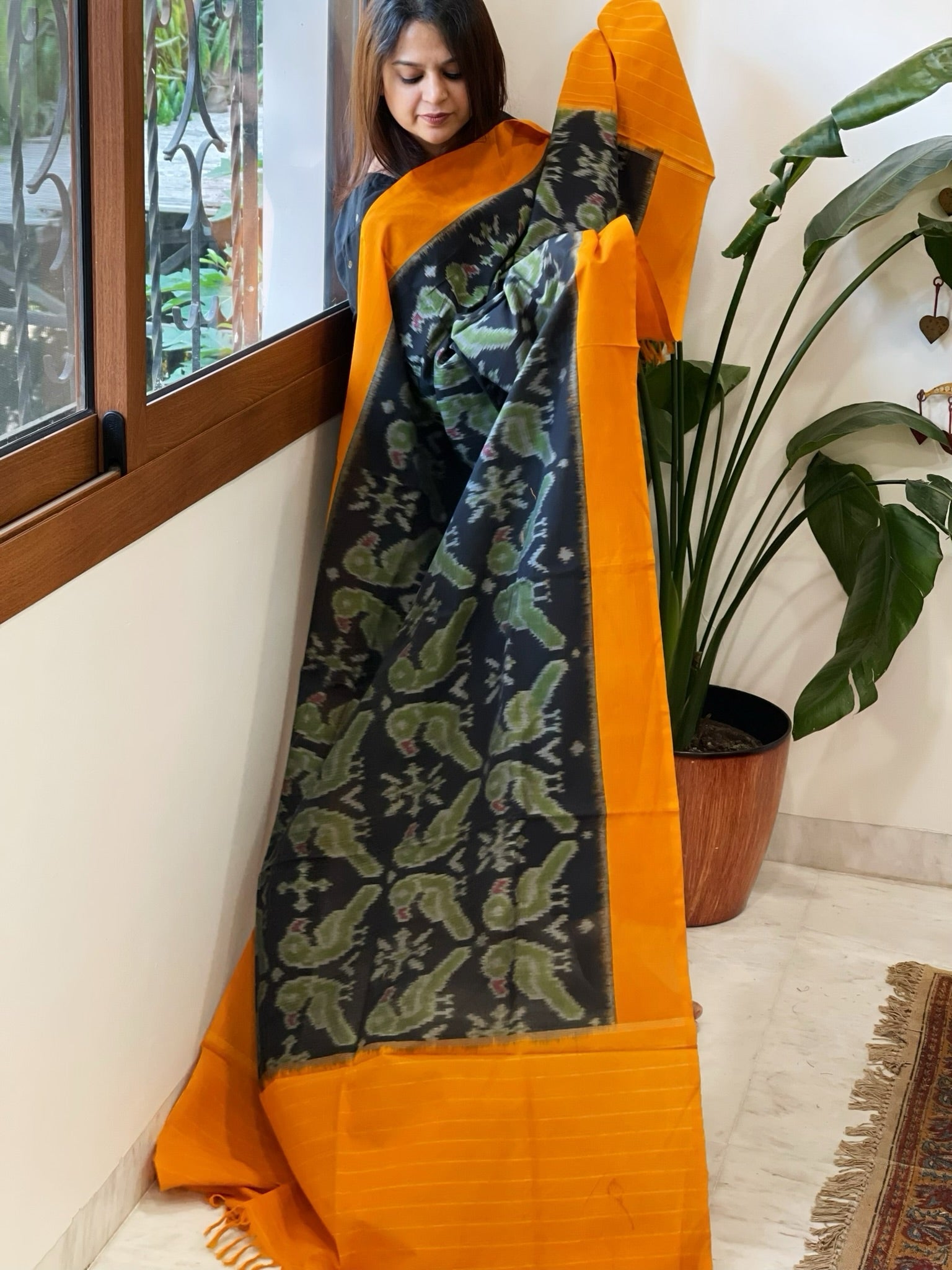 Black, Yellow Handwoven Ikat Dupatta in Cotton - Masakalee