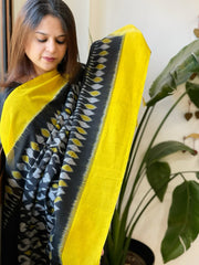 Black, Yellow Handwoven Ikat Dupatta in Cotton - Masakalee