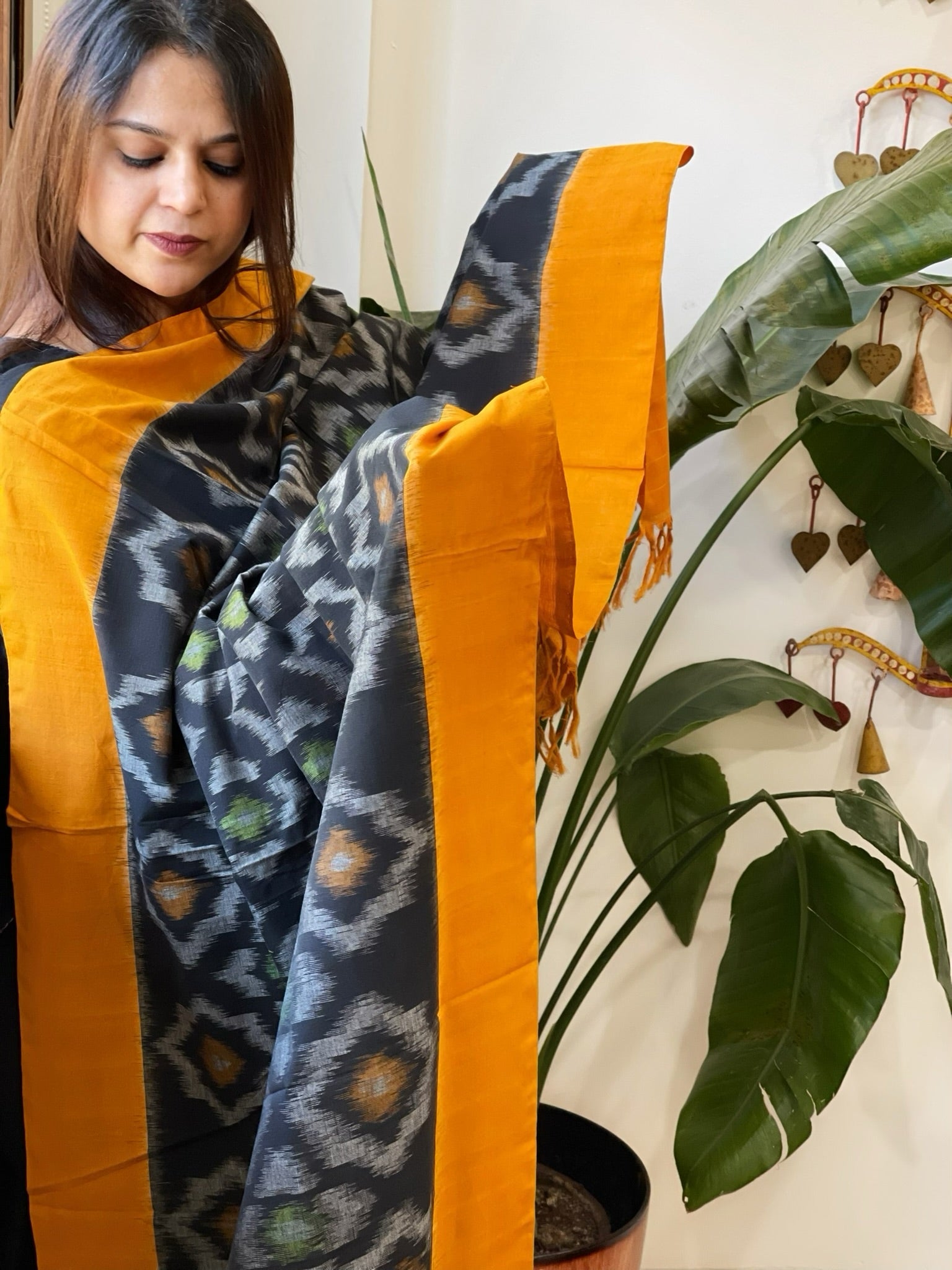 Black, Yellow Handwoven Ikat Dupatta in Cotton - Masakalee