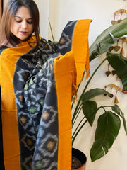 Black, Yellow Handwoven Ikat Dupatta in Cotton - Masakalee