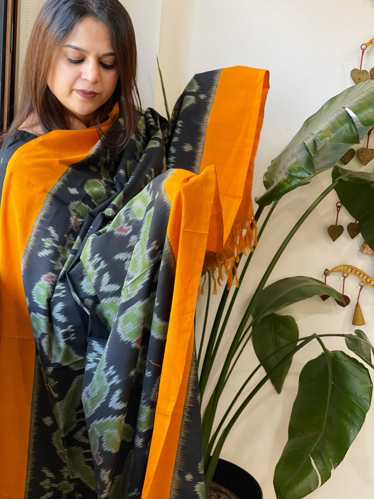 Black, Yellow Handwoven Ikat Dupatta in Cotton - Masakalee