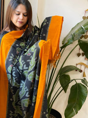 Black, Yellow Handwoven Ikat Dupatta in Cotton - Masakalee
