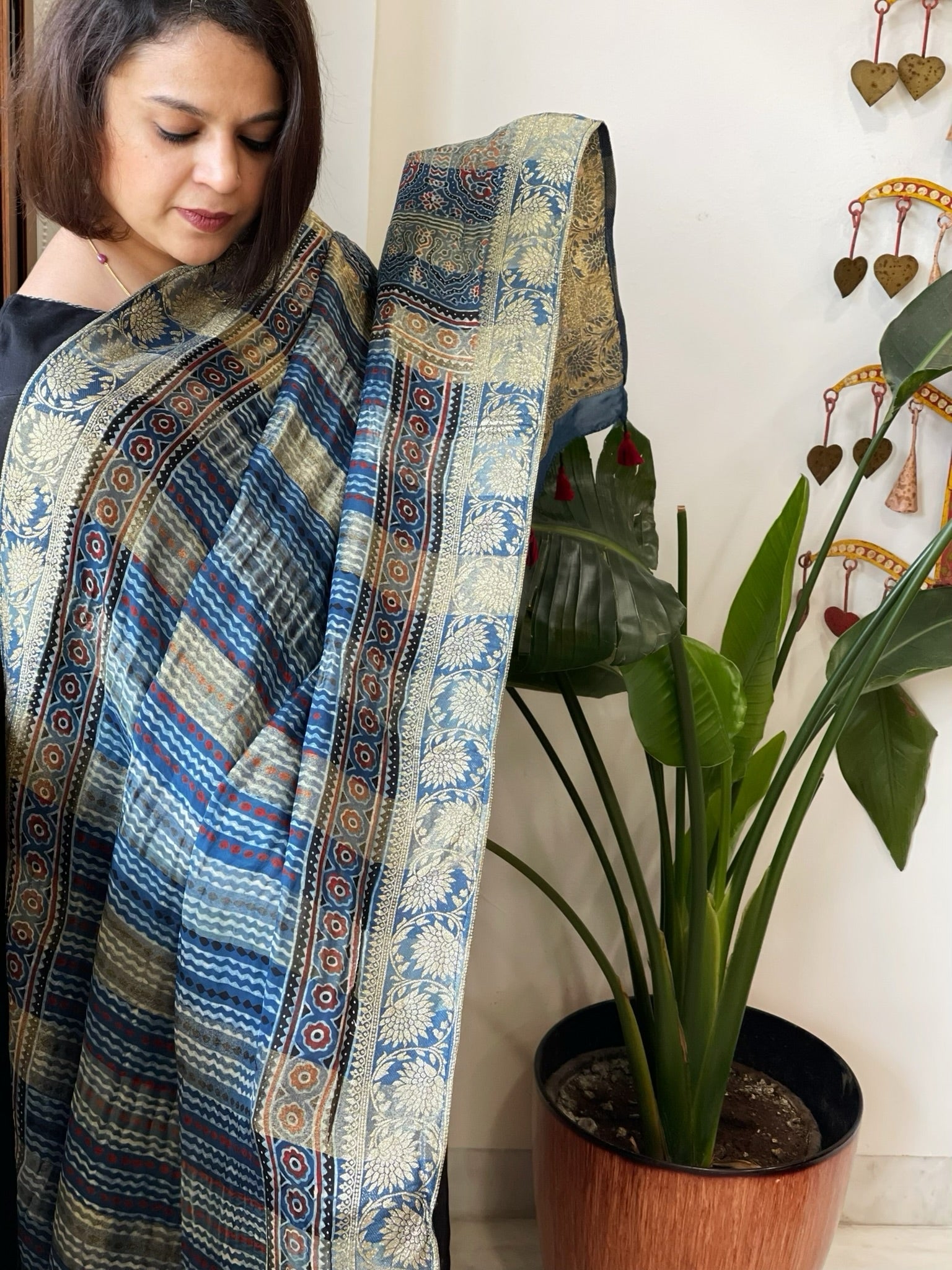 Blue Ajrakh Handblock Printed Organza Crepe Dupatta with Banarasi Border - Masakalee