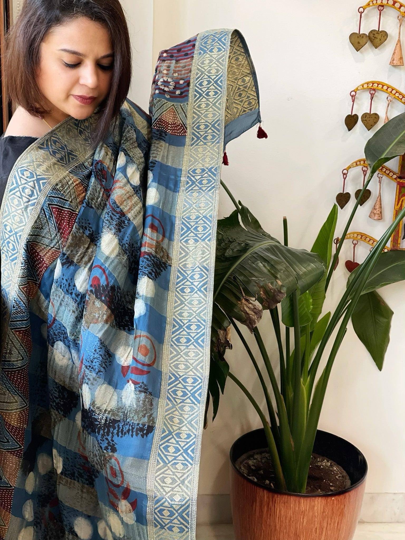 Blue Ajrakh Handblock Printed Organza Crepe Dupatta with Banarasi Border - Masakalee