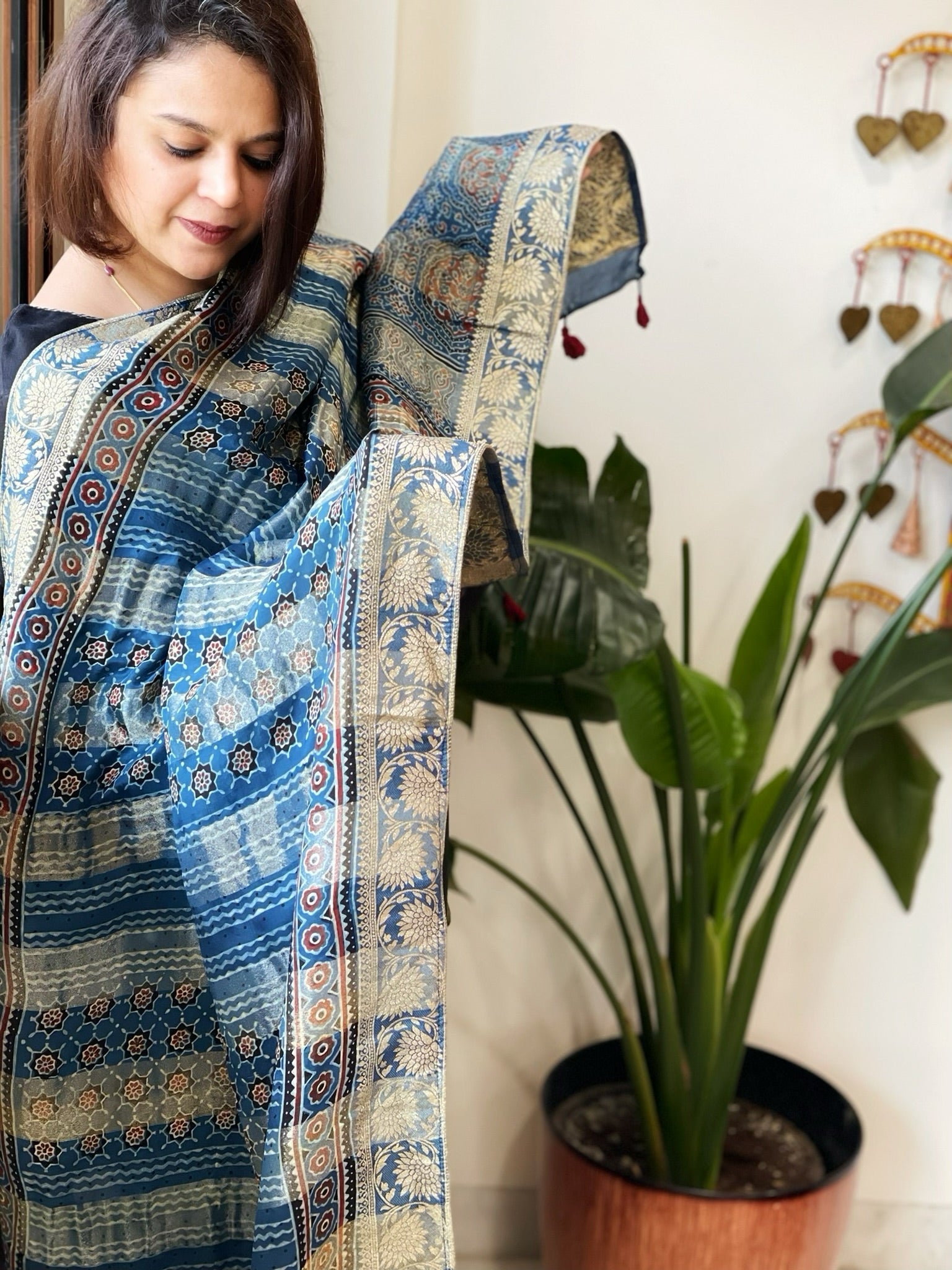 Blue Ajrakh Handblock Printed Organza Crepe Dupatta with Banarasi Border - Masakalee