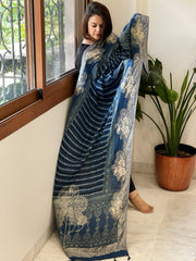 Blue Ajrakh Handblock Printed Organza Crepe Dupatta with Banarasi Border - Masakalee