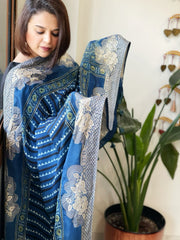 Blue Ajrakh Handblock Printed Organza Crepe Dupatta with Banarasi Border - Masakalee