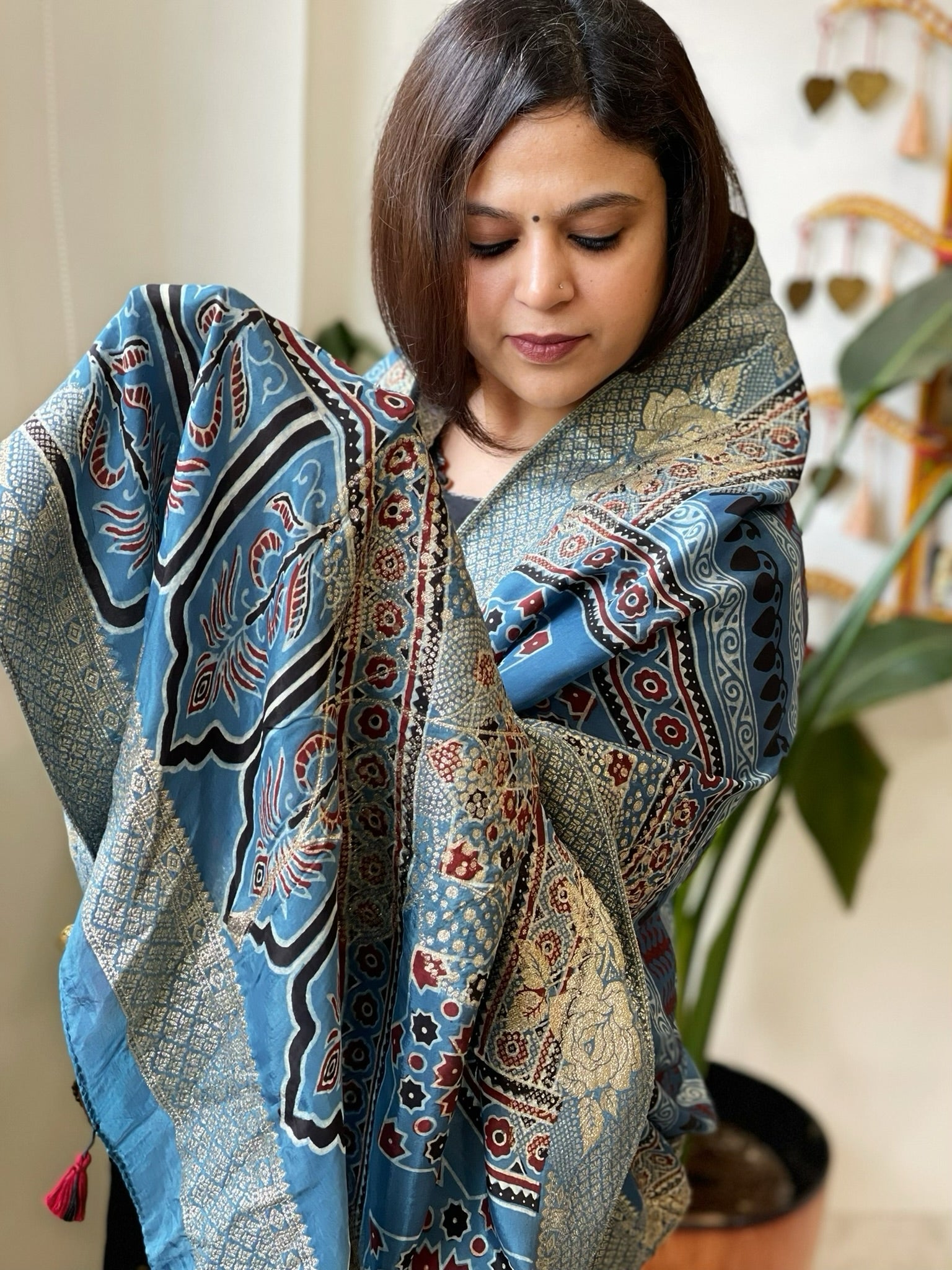 Blue Ajrakh Handblock Printed Organza Dupatta with Banarasi Border - Masakalee