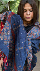Blue Ajrakh Handblock Printed Silk - Woollen Shawl - Masakalee
