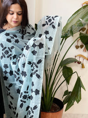 Blue Applique handwork Dupatta in Mul Chanderi - Masakalee