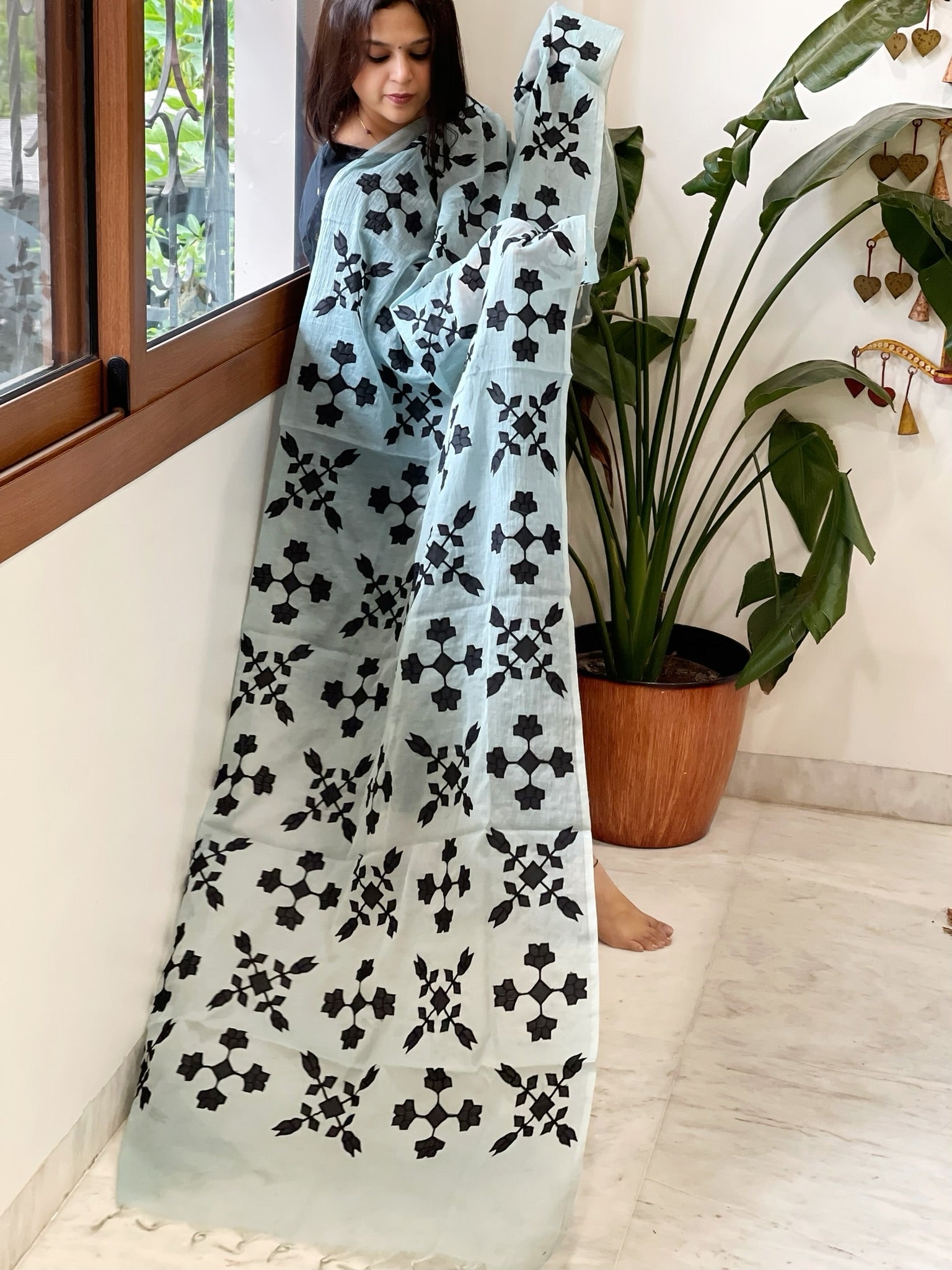 Blue Applique handwork Dupatta in Mul Chanderi - Masakalee