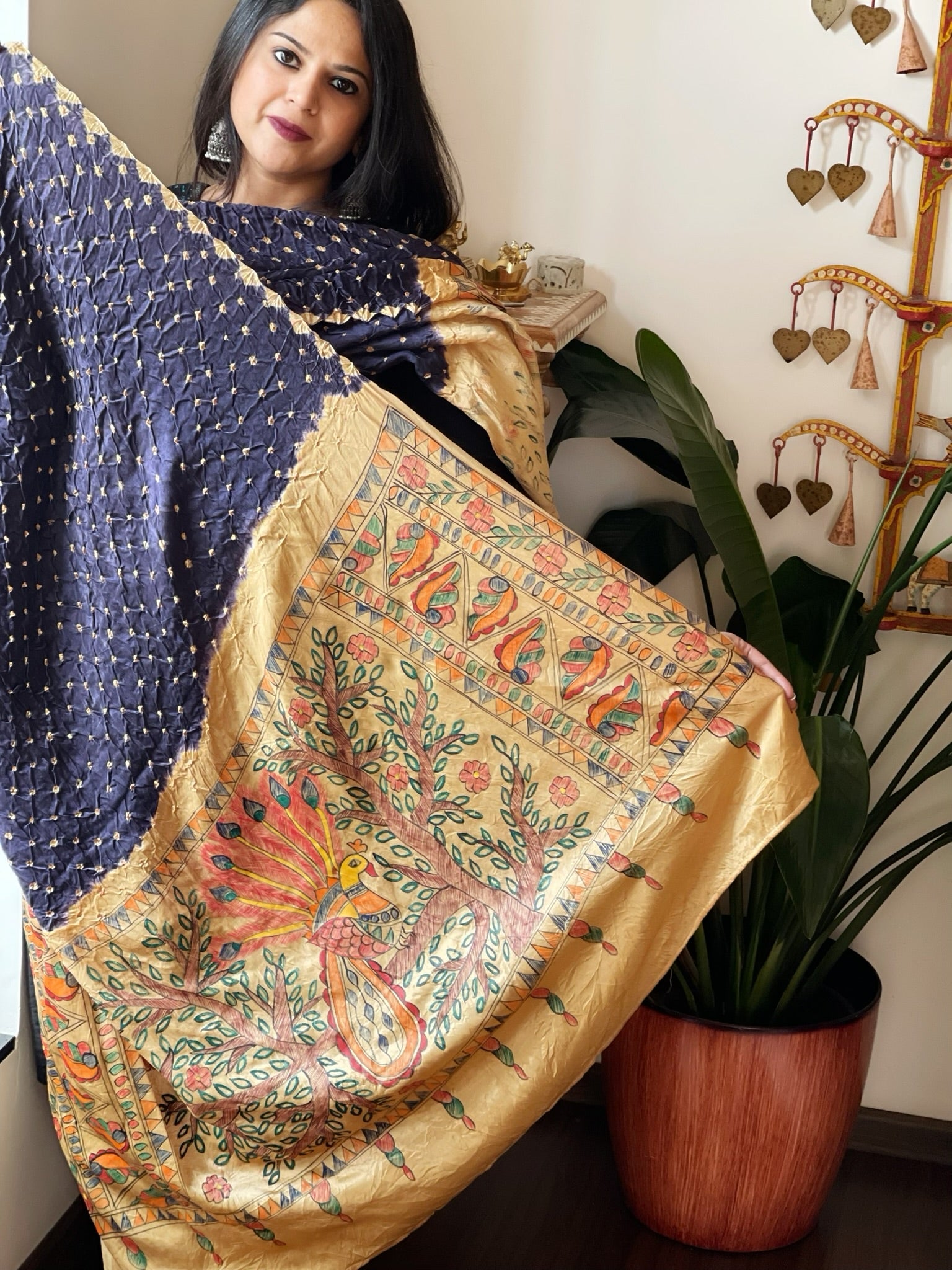 Blue Bandhani Dupatta with Handpainted Madhubani Pallu in Modal Silk - Masakalee