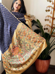 Blue Bandhani Dupatta with Handpainted Madhubani Pallu in Modal Silk - Masakalee