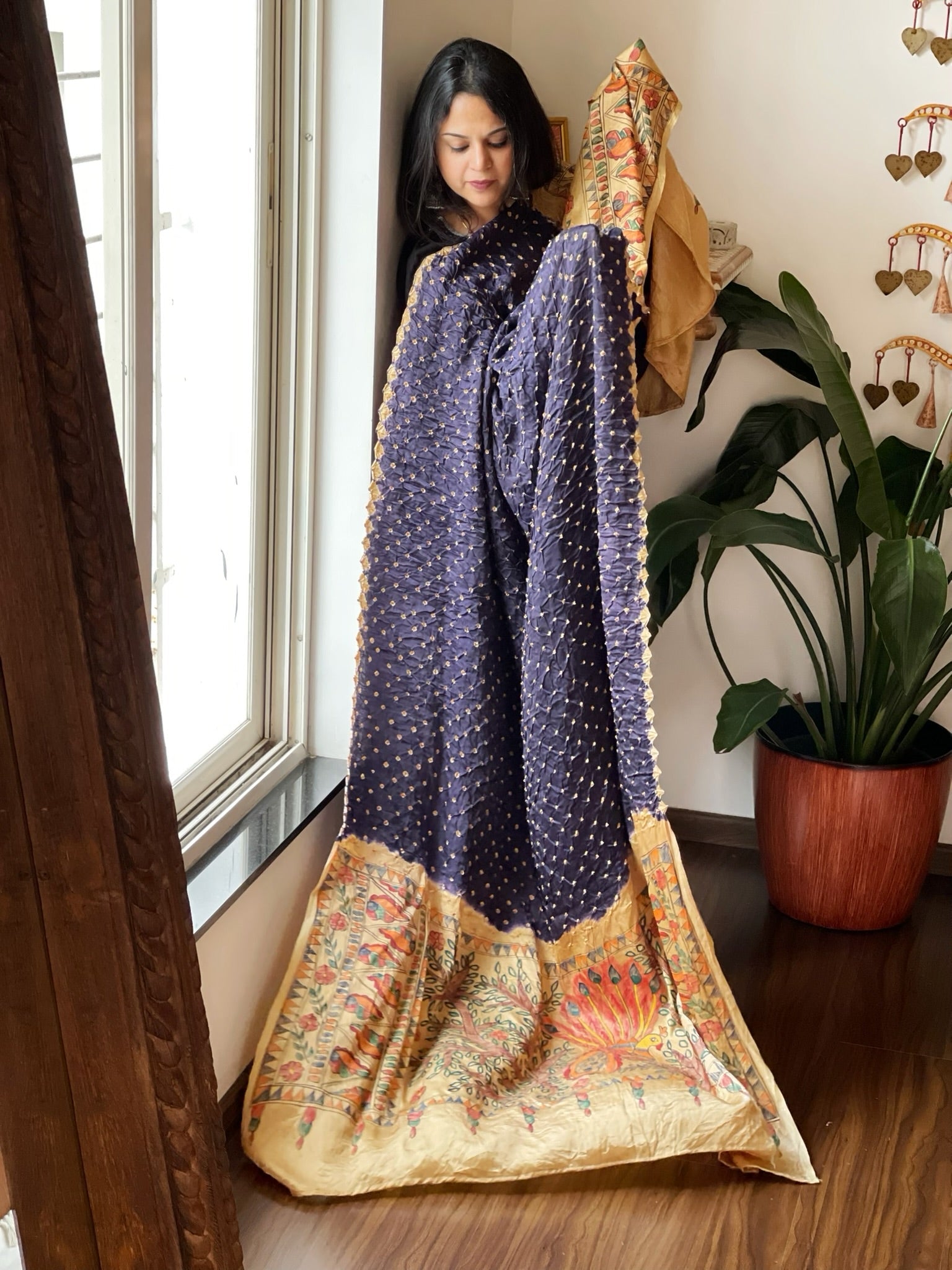 Blue Bandhani Dupatta with Handpainted Madhubani Pallu in Modal Silk - Masakalee
