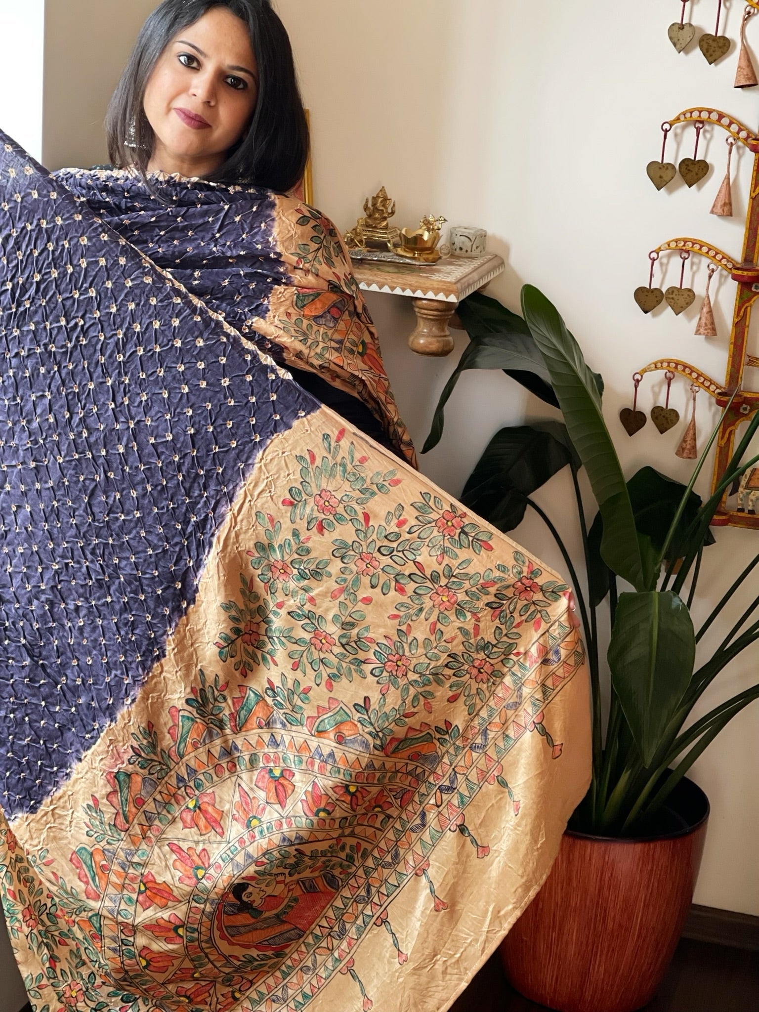 Blue Bandhani Dupatta with Handpainted Madhubani Pallu in Modal Silk - Masakalee