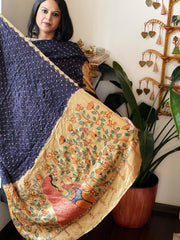 Blue Bandhani Dupatta with Handpainted Madhubani Pallu in Modal Silk - Masakalee