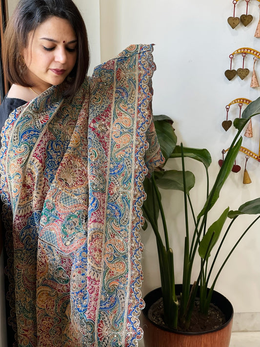 Blue Chinon Dupatta with Aari Embroidery - Masakalee