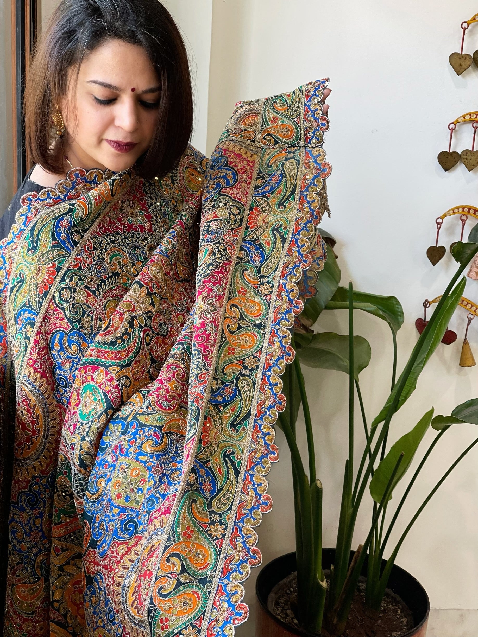 Blue Chinon Dupatta with Aari Embroidery - Masakalee